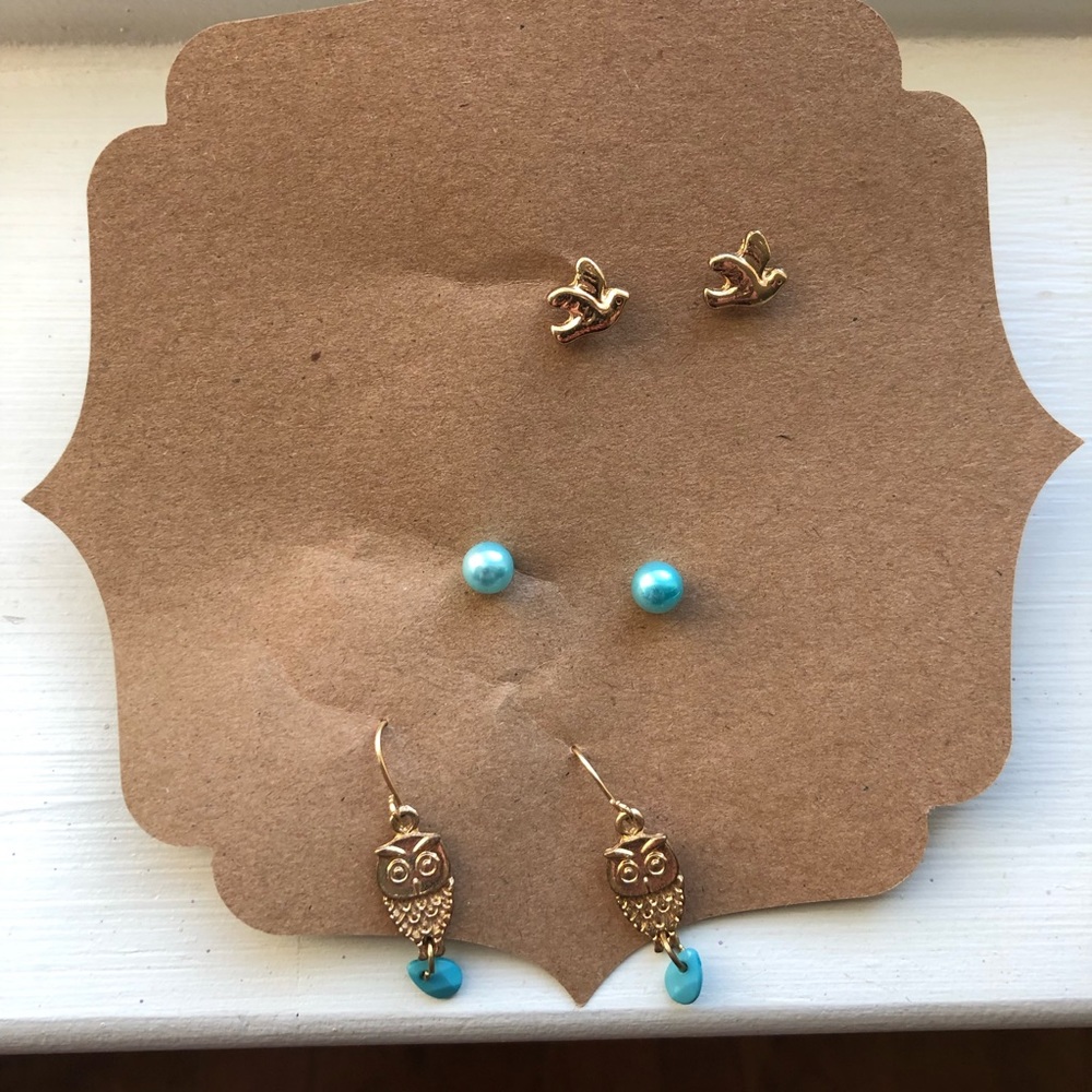 Gold Tone Owl Dove Faux Turquoise Earring Set
